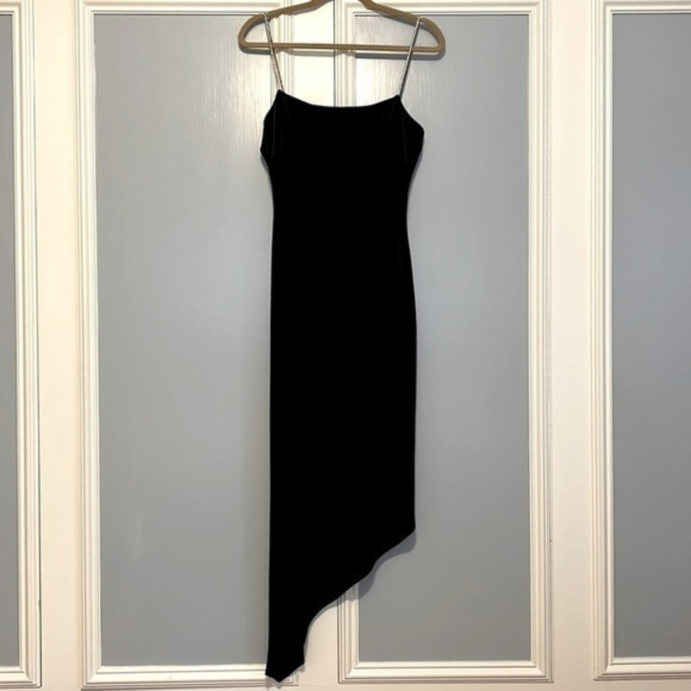 Classic velvet dress with CZ straps uneven cut on the bottom 3/4 length size M